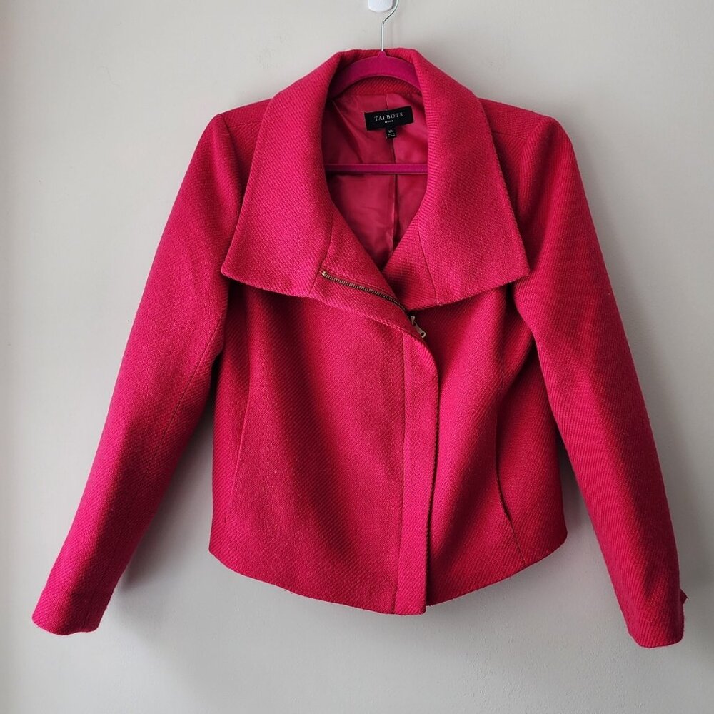 Talbots Wool Blend Moto Jacket | 10 Petite | Pink Blazer Wide Collar Pockets